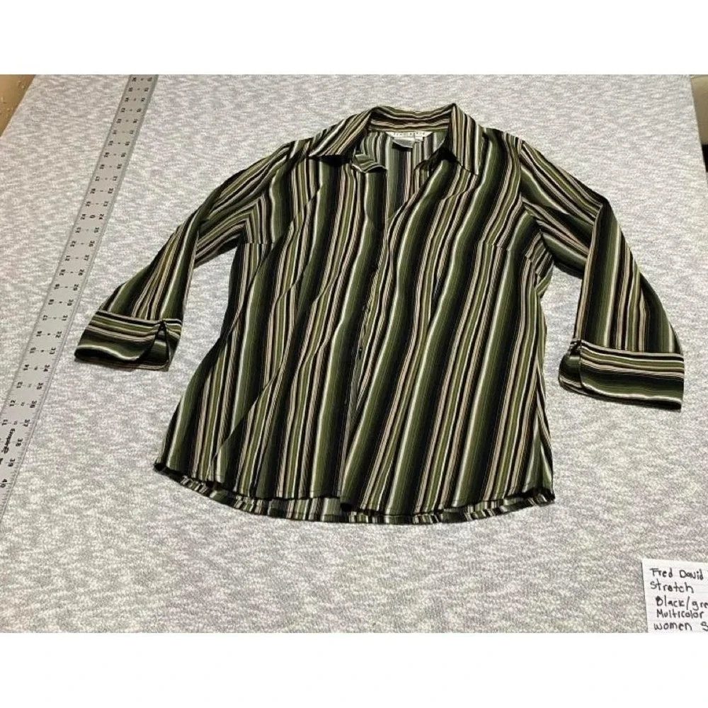 Fred David Stretch Black/Green Vertical Striped Blouse women S. SKU-B725